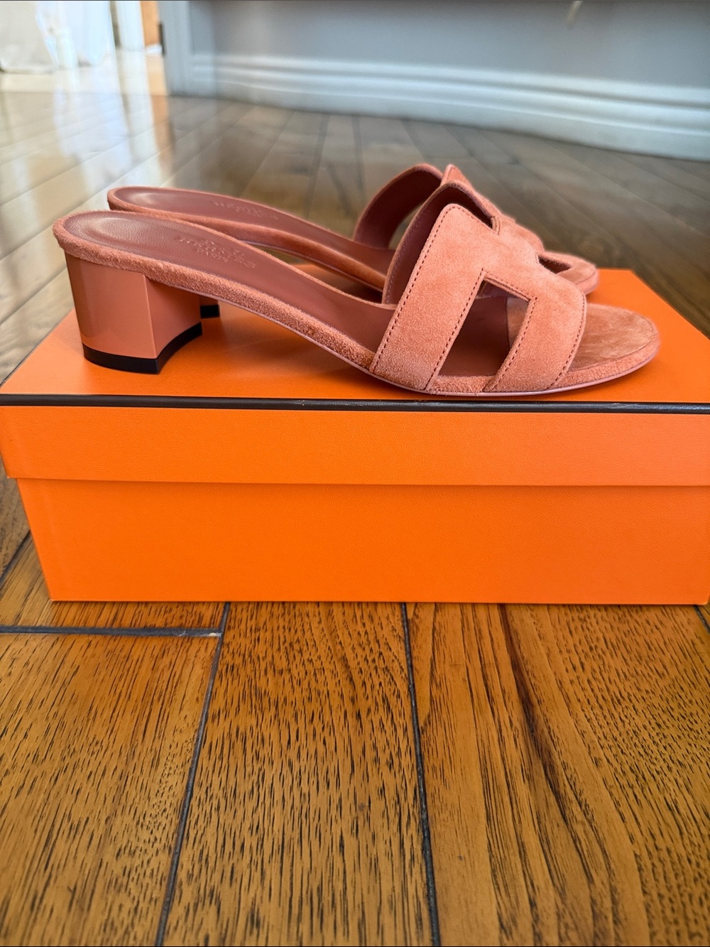 Hermes Rose Suede Oasis H‑Cut Slide Sandals